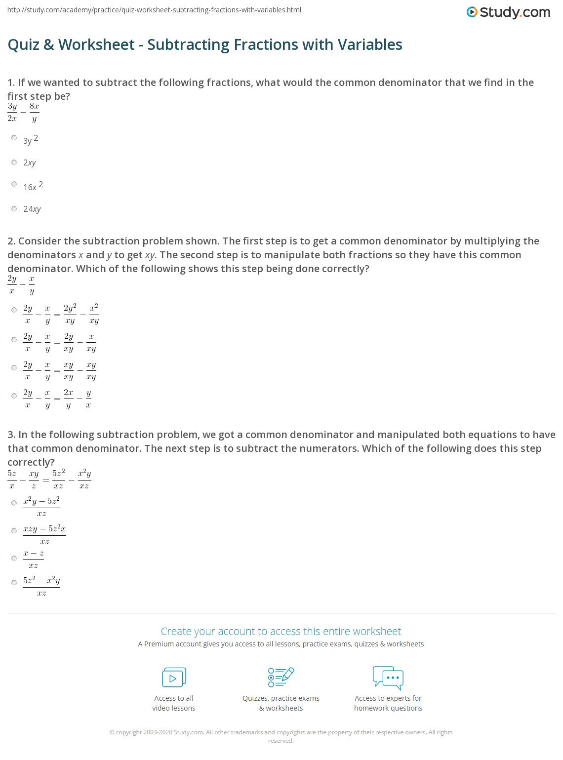 Quiz &  Worksheet - Subtracting Fractions with Variables | Study.com