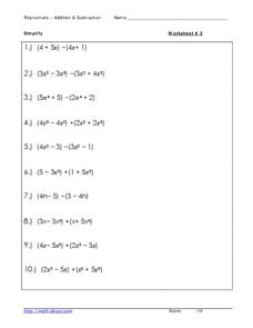 Addition and Subtraction of Polynomials Worksheet for 7th - 8th ...