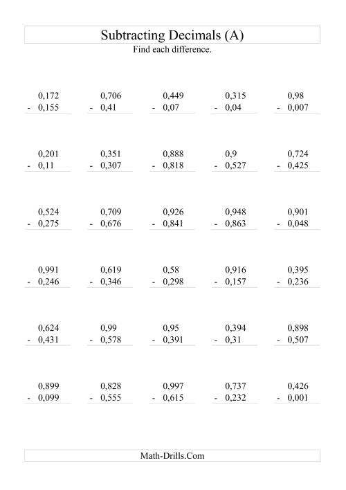 Subtracting Decimals (Range 0,001 to 0,999) (A)