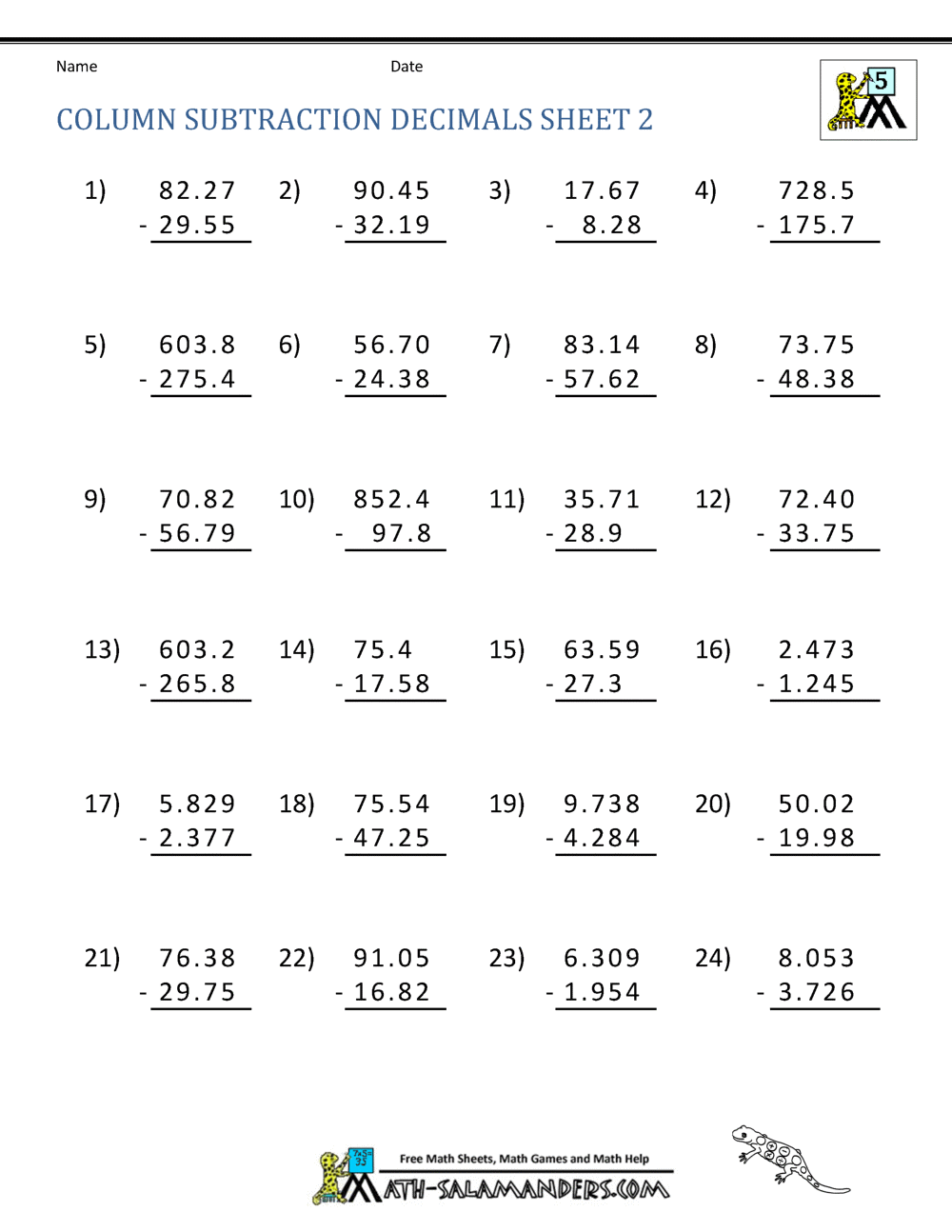 subtracting with decimals worksheet