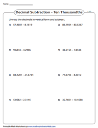 Line up and Subtract | Decimal Subtraction Worksheets