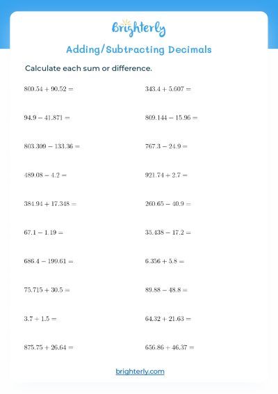 subtracting with decimals worksheet