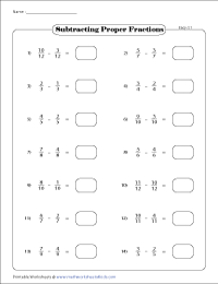 Subtracting Like Fractions Worksheets