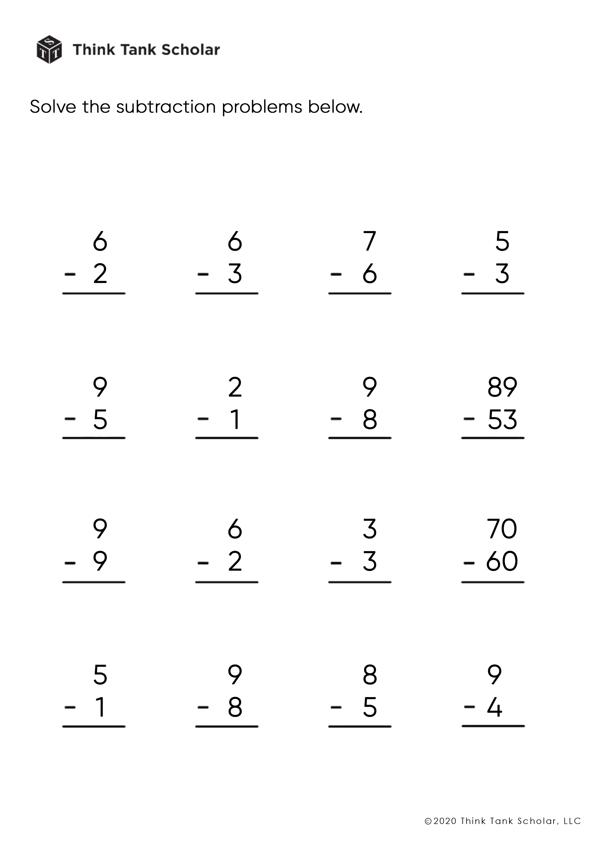 Subtraction Worksheets Exercises Printable PDF (FREE) - Think Tank ...