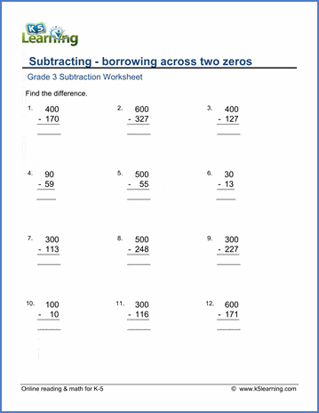 Grade 3 Subtraction Worksheets: Regrouping across two zeros | Worsheets library...