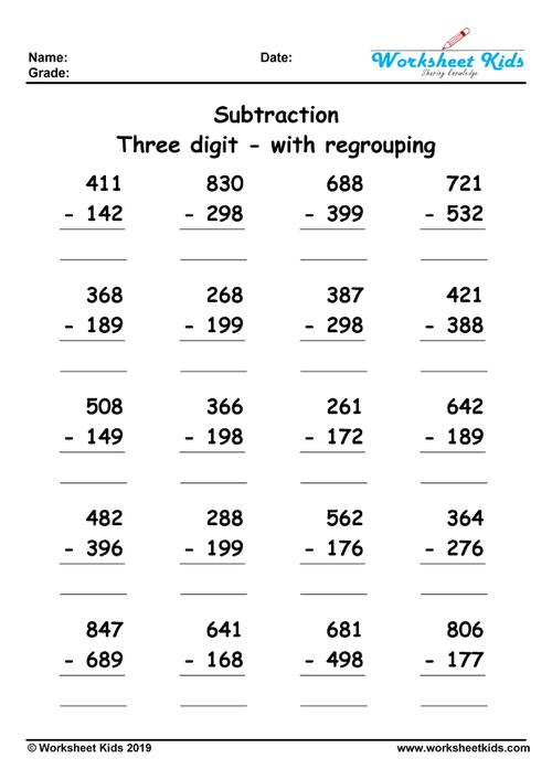 3 digit subtraction with regrouping worksheets for 2nd and 3rd ...