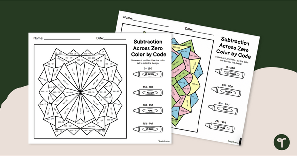 Subtraction Across Zero - Color By Number Worksheet | Teach Starter