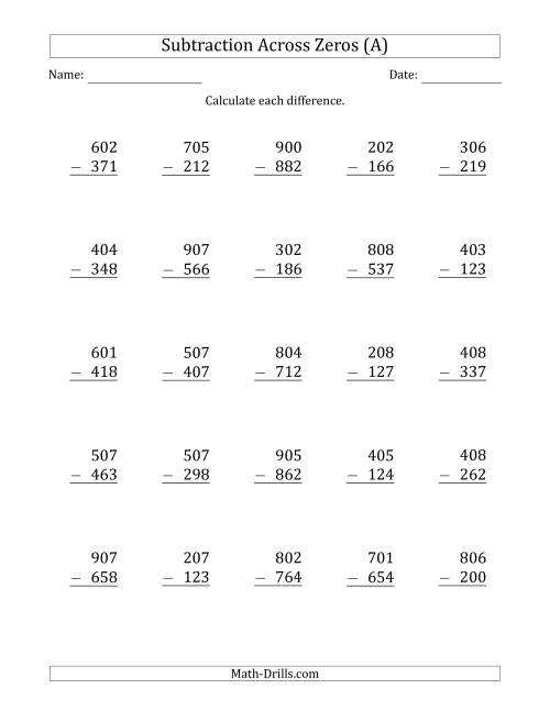 subtraction across zeros worksheet grade 3
