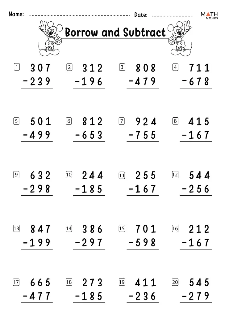 subtraction across zeros worksheet grade 3