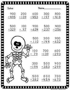 3 Digit Subtraction Across Zeros-Halloween Themed