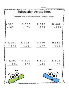 subtraction across zeros worksheet grade 3