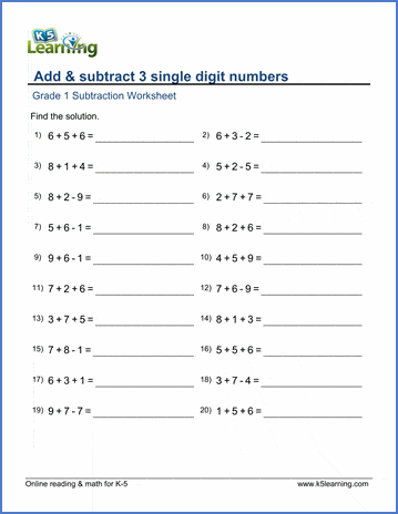 Grade 1 Math Worksheet - Add &  subtract 3 single-digit numbers ...