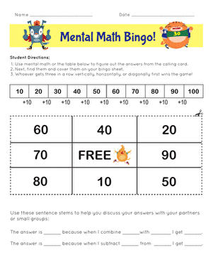 Mental Math Bingo! | Worksheet 