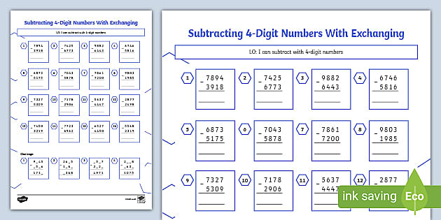 4-Digit Subtraction - Subtraction With Exchanging - Twinkl