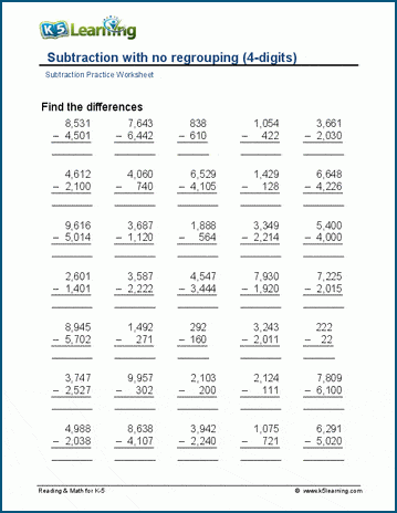 4-digit minus 4-digit (no regrouping) worksheets | Worsheets library