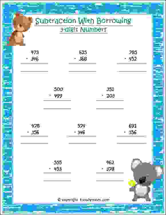 Subtraction with borrowing worksheet 3