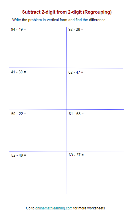 2-digit Subtraction Worksheets (Second Grade, printable)