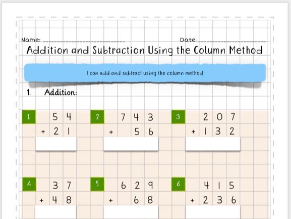 Column Addition and Subtraction Homework Test  