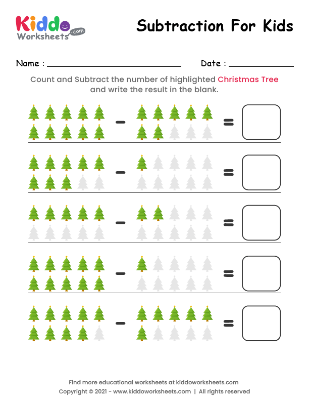 Free Printable Subtraction Christmas Tree Worksheet - kiddoworksheets