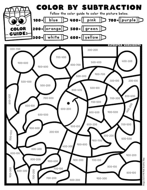 subtraction coloring worksheet for kindergarten