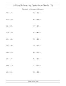 Subtracting Decimals Lesson Plans &  Worksheets :: 25 - 48