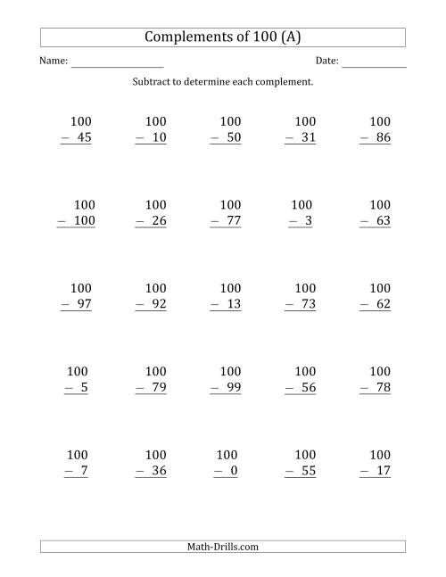 subtraction drill worksheet 100
