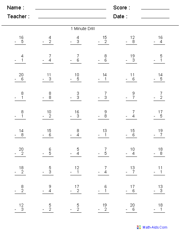 Subtraction Worksheets | Dynamically Created Subtraction Worksheets