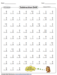 subtraction drill worksheet for 1st grade