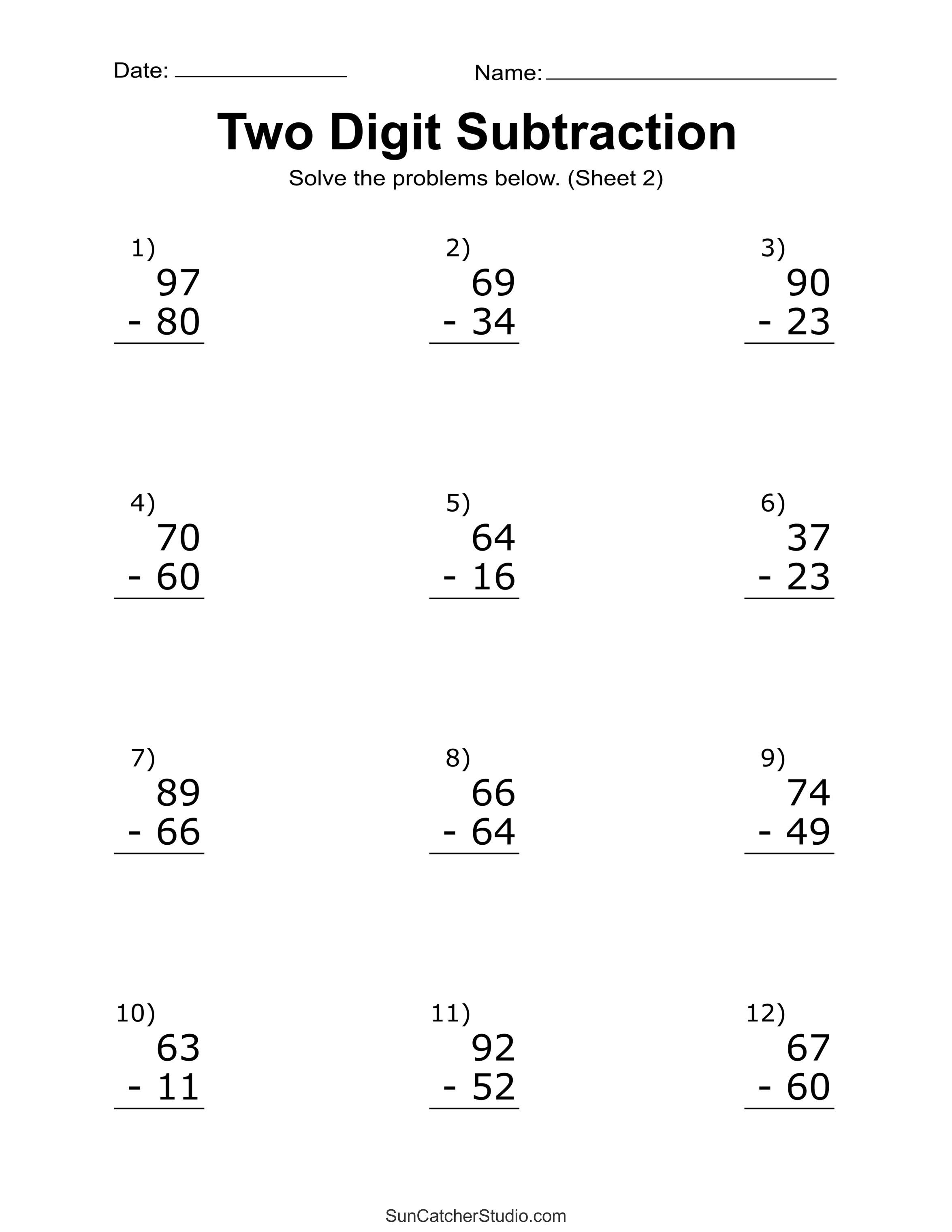 Two-Digit Subtraction Worksheets (Printable Math Drills) - DIY ...