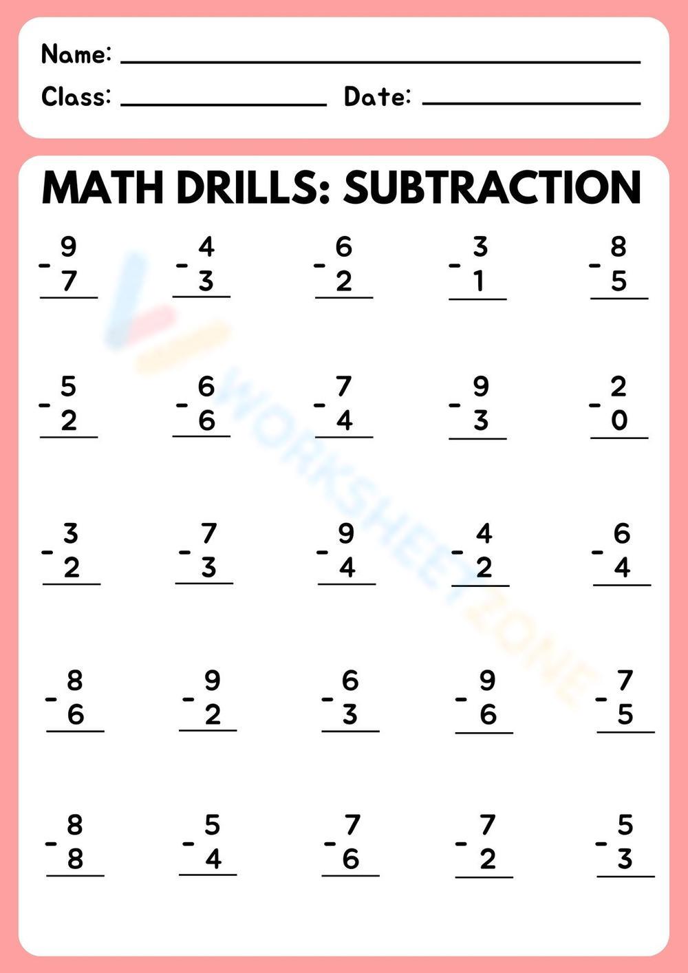 subtraction drill worksheet free