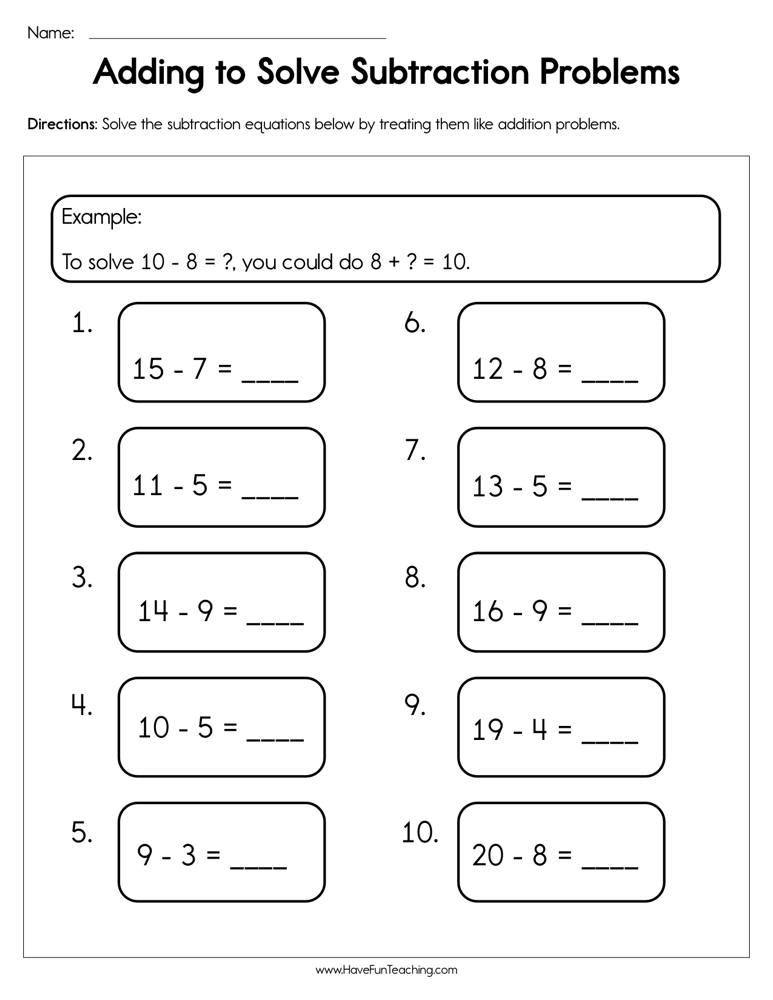 Adding to Solve Subtraction Problems Worksheet  