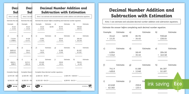 subtraction estimation worksheet