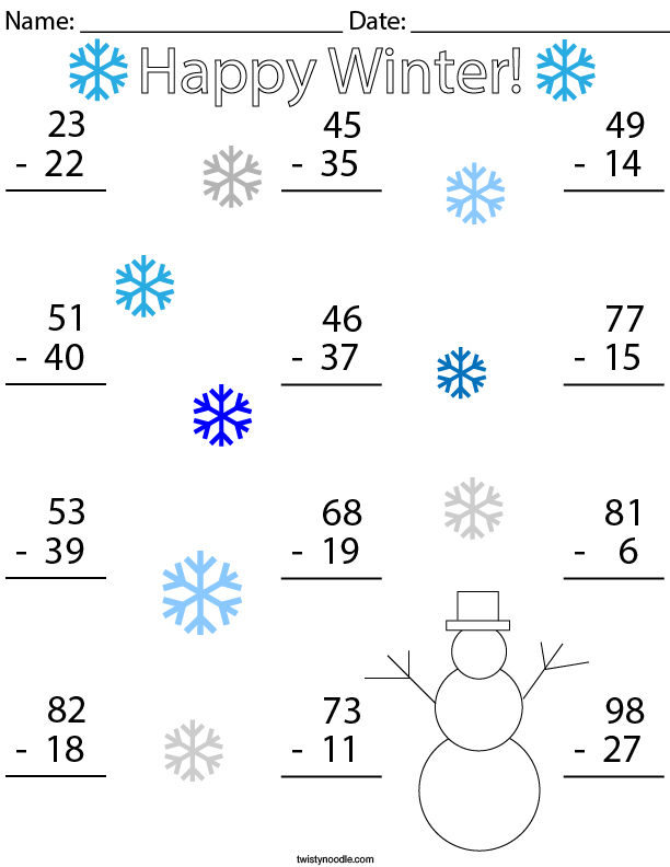 Winter Double Digit Subtraction Math Worksheet - Twisty Noodle