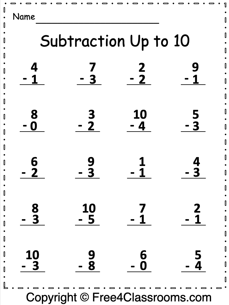 Free Subtraction Up to 10 Math Worksheet - Free Worksheets ...