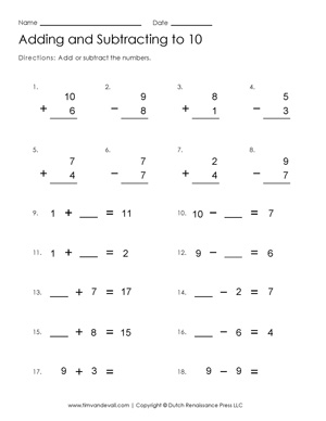 Addition and Subtraction Facts to 10 Worksheets - Tims Printables