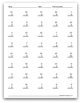 Math Facts Worksheets: Subtraction Review: 1-12 (40 per page, 2 ...