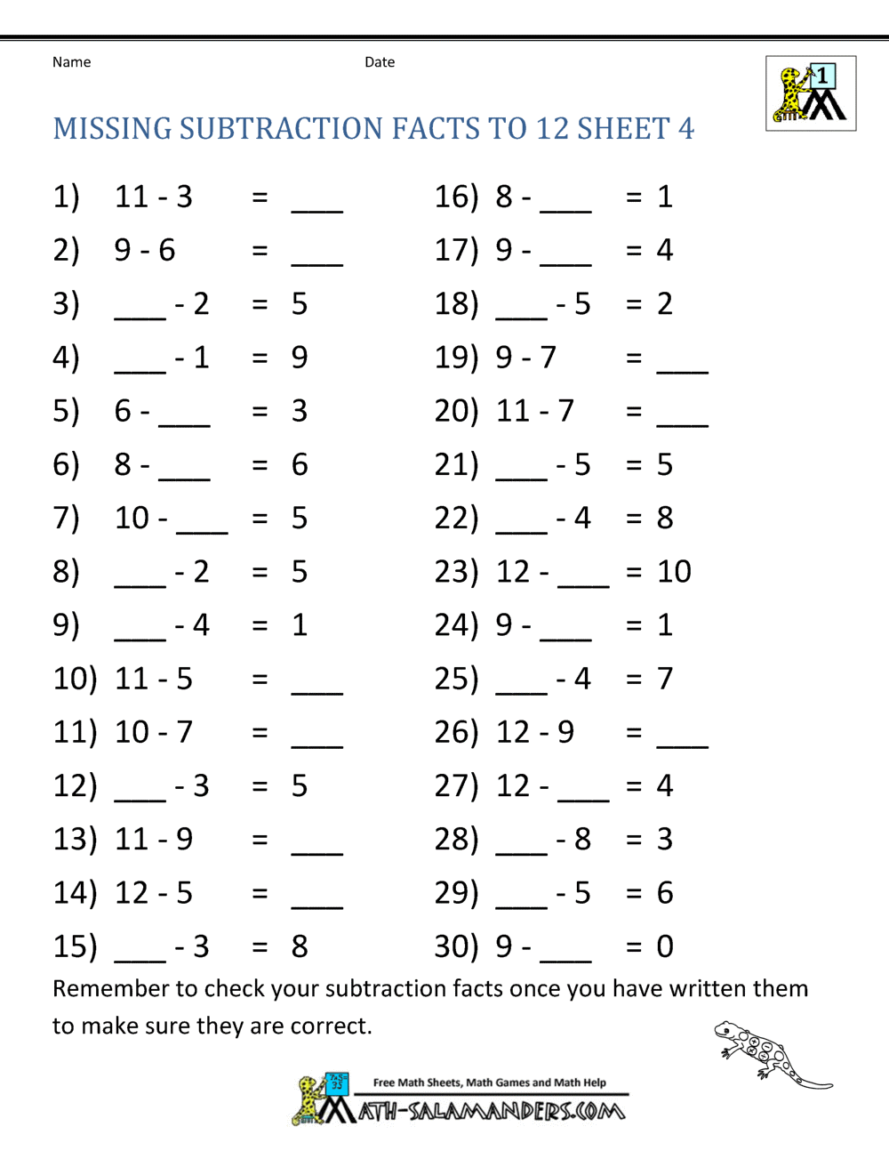 subtraction facts worksheet free