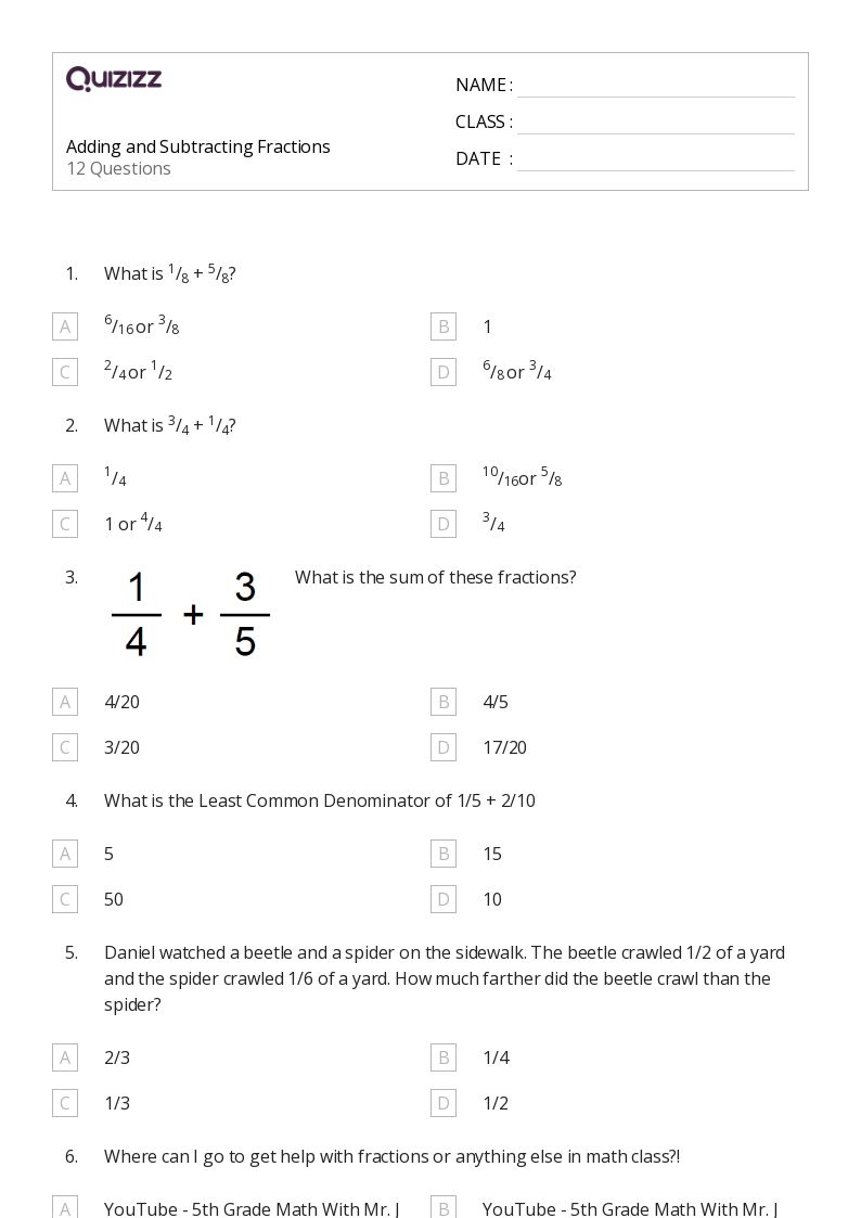 50+ Subtracting Fractions worksheets on Quizizz | Free &  Printable