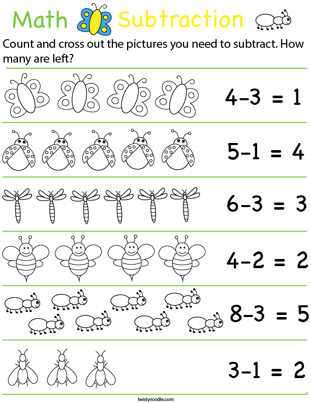 Preschool Math- Buggy Subtraction Math Worksheet - Twisty Noodle
