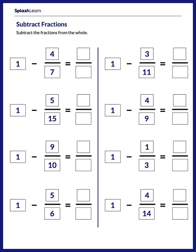 Subtract Fractions from 1 - Math Worksheets - SplashLearn