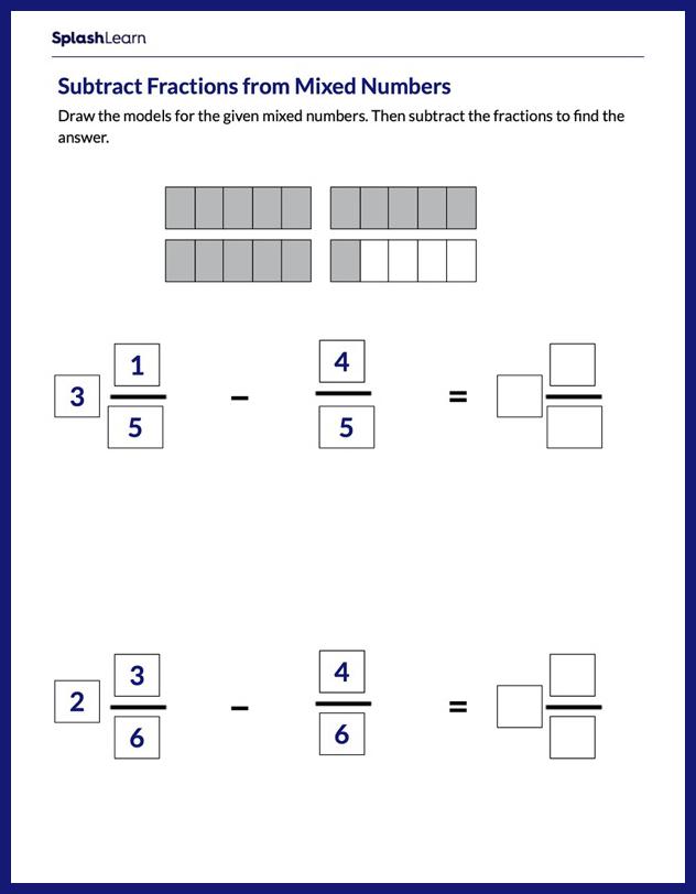 Fractions and Mixed Numbers Subtraction - Math Worksheets ...