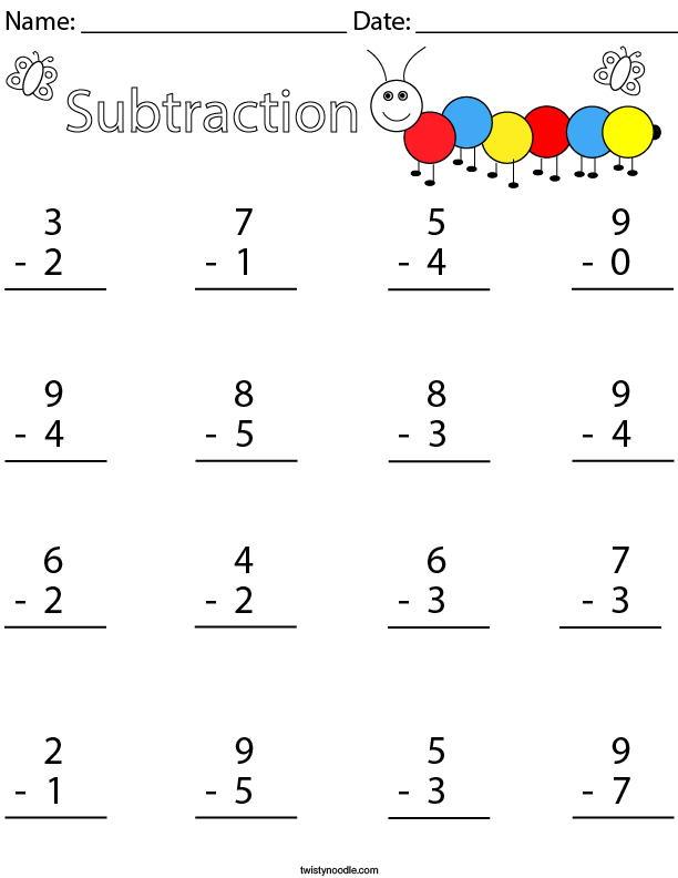 1 Digit Subtraction Math Worksheet - Twisty Noodle