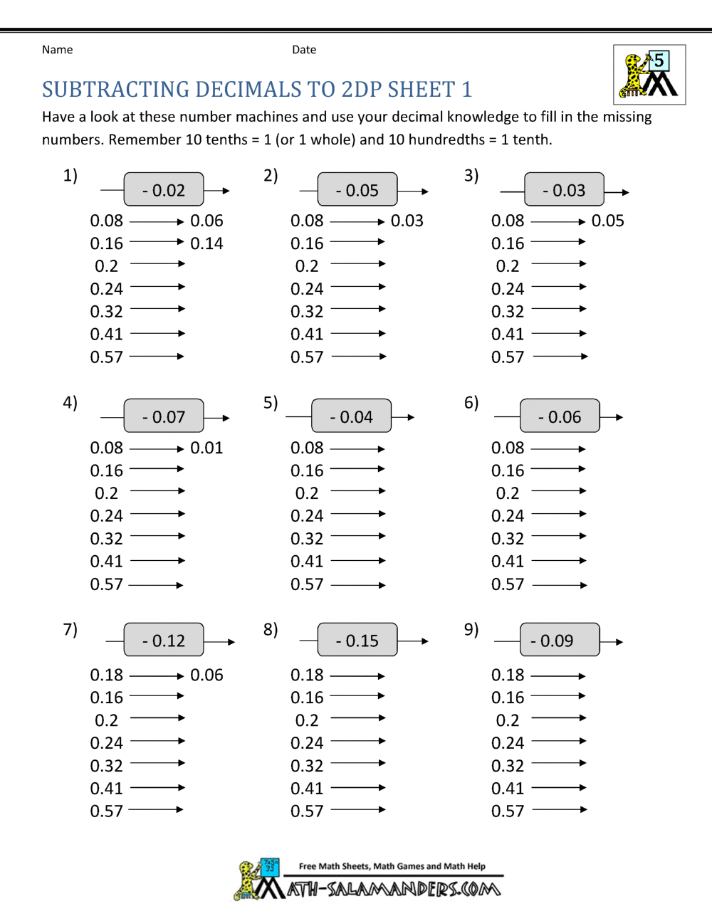 subtraction of decimals with regrouping worksheet