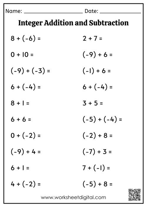 subtraction of integers worksheet