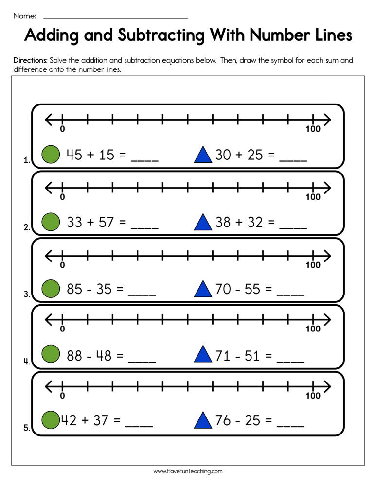 Adding and Subtracting with Number Line Worksheet  