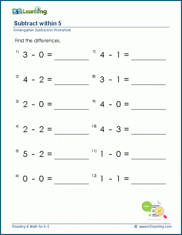 Subtract from 5 or less worksheets for preschool and kindergarten ...