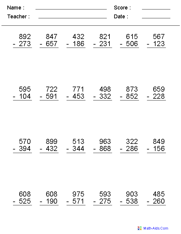 Subtraction Worksheets | Dynamically Created Subtraction Worksheets
