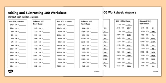 Adding and Subtracting 100 Worksheet (teacher made) - Twinkl