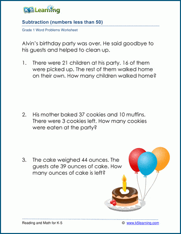 Subtraction word problems for grade 1 | Worsheets library