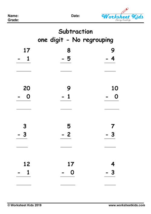 One Digit Subtraction No Regrouping Worksheets - Free Printable PDF